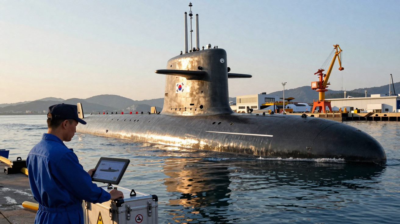 Homem em uniforme azul a operar equipamento junto a submarino coreano atracado no porto ao pôr do sol.
