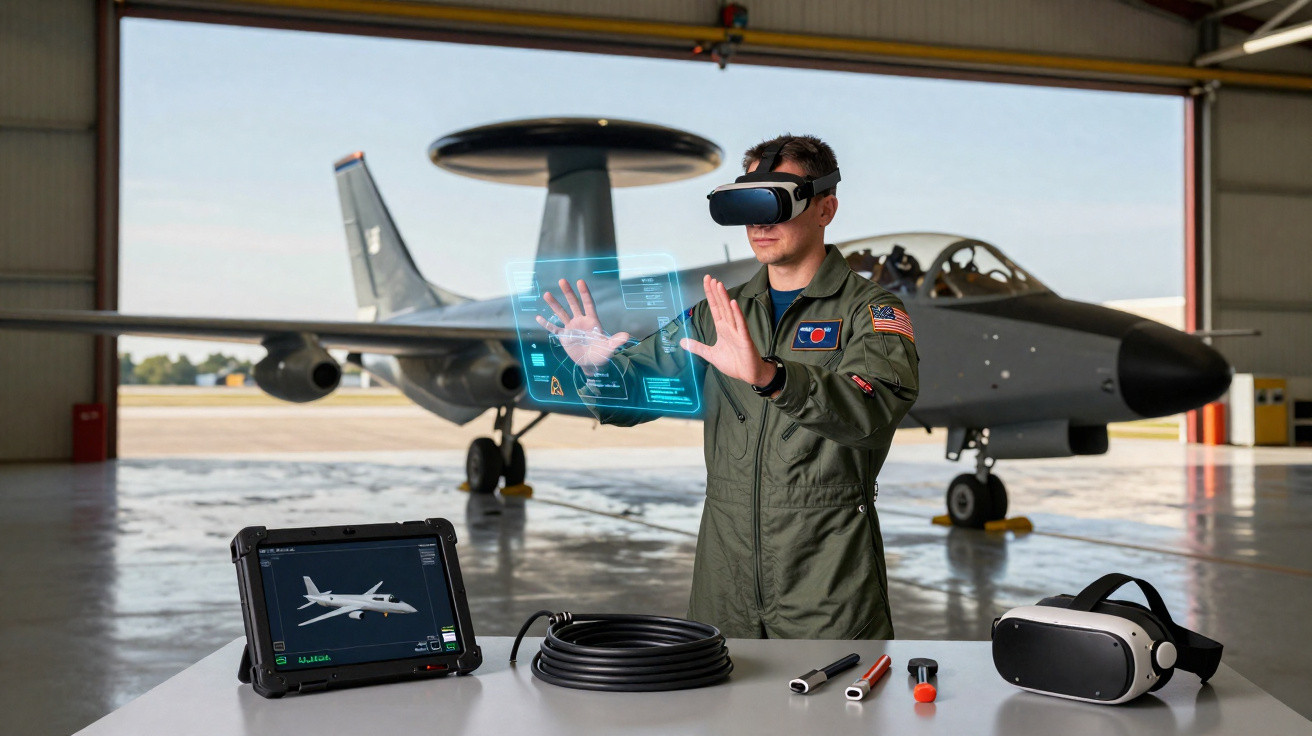 Piloto militar usa realidade virtual para simulação de voo perto de avião num hangar.