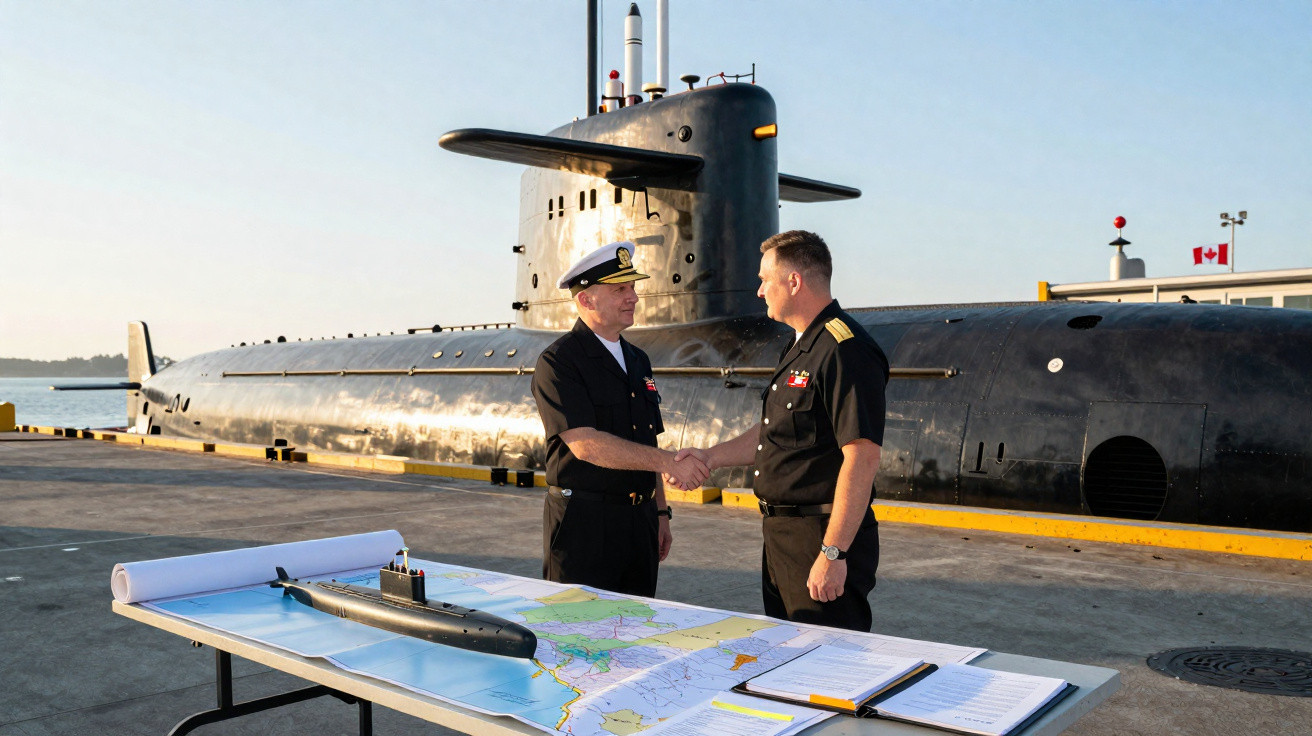Dois oficiais da marinha apertam as mãos junto a um submarino atracado, com mapa e modelo de submarino numa mesa à frente.