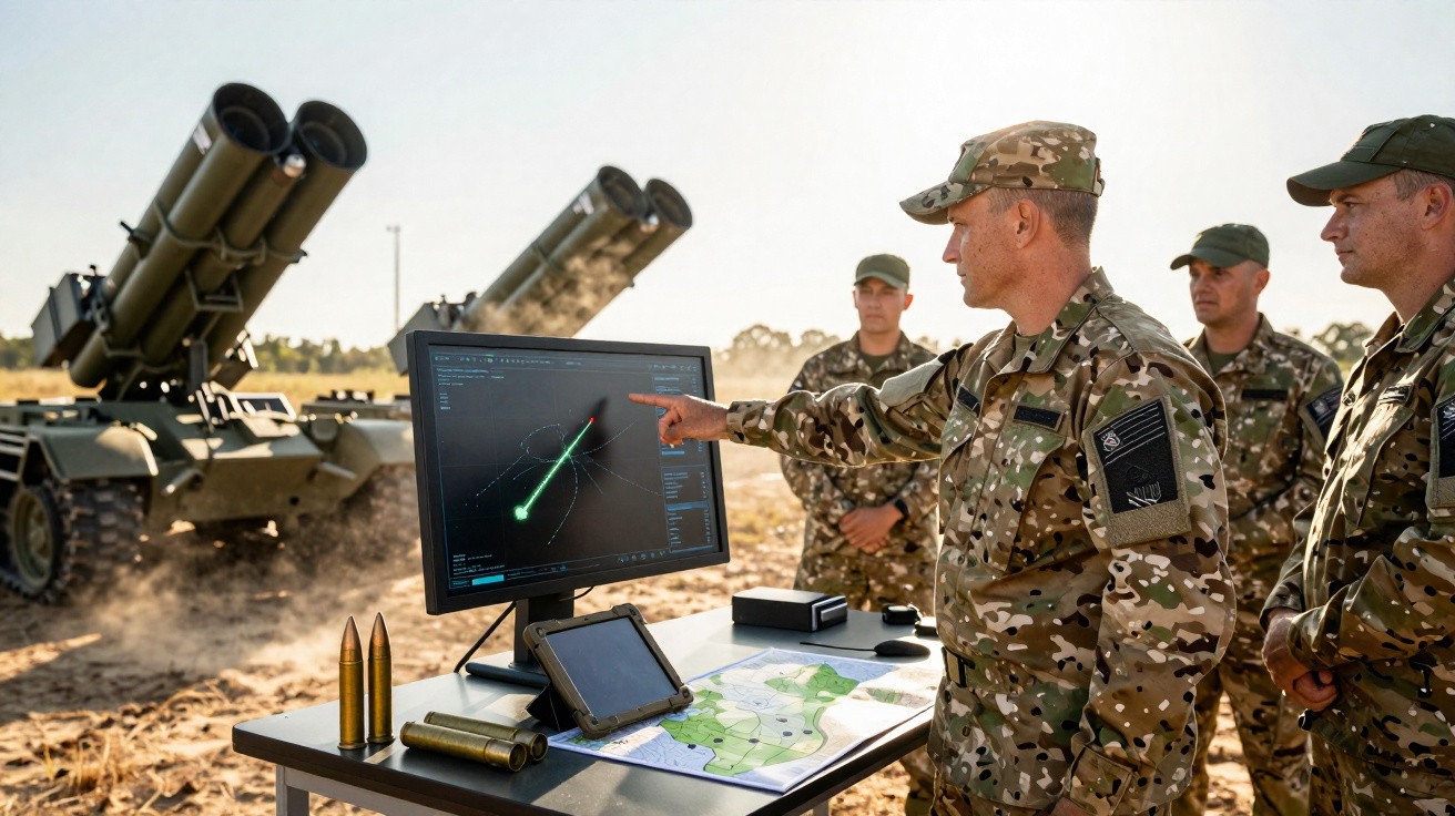 Soldados em terreno de treino militar a analisar monitor com simulação de dados balísticos.