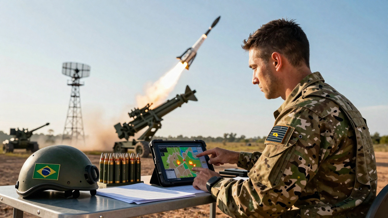 Soldado brasileiro a operar tablet em campo de treino militar com foguete a ser lançado ao fundo.