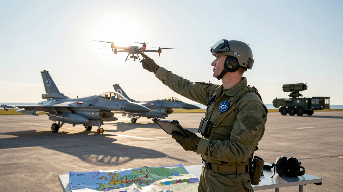 Militar com capacete controla drone com um tablet num aeroporto militar com aviões de combate ao fundo.