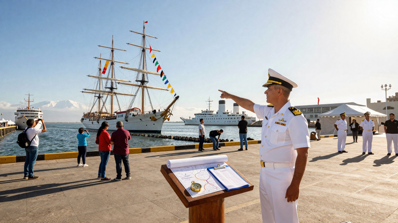 Oficial naval aponta para navio à vela atracado enquanto pessoas observam no porto ensolarado.