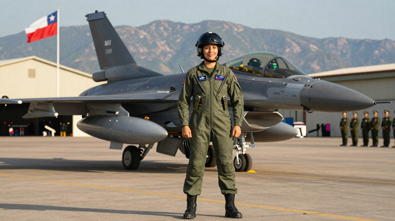 Piloto militar em fato de voo verde com capacete em frente a um avião de combate num aeroporto militar.