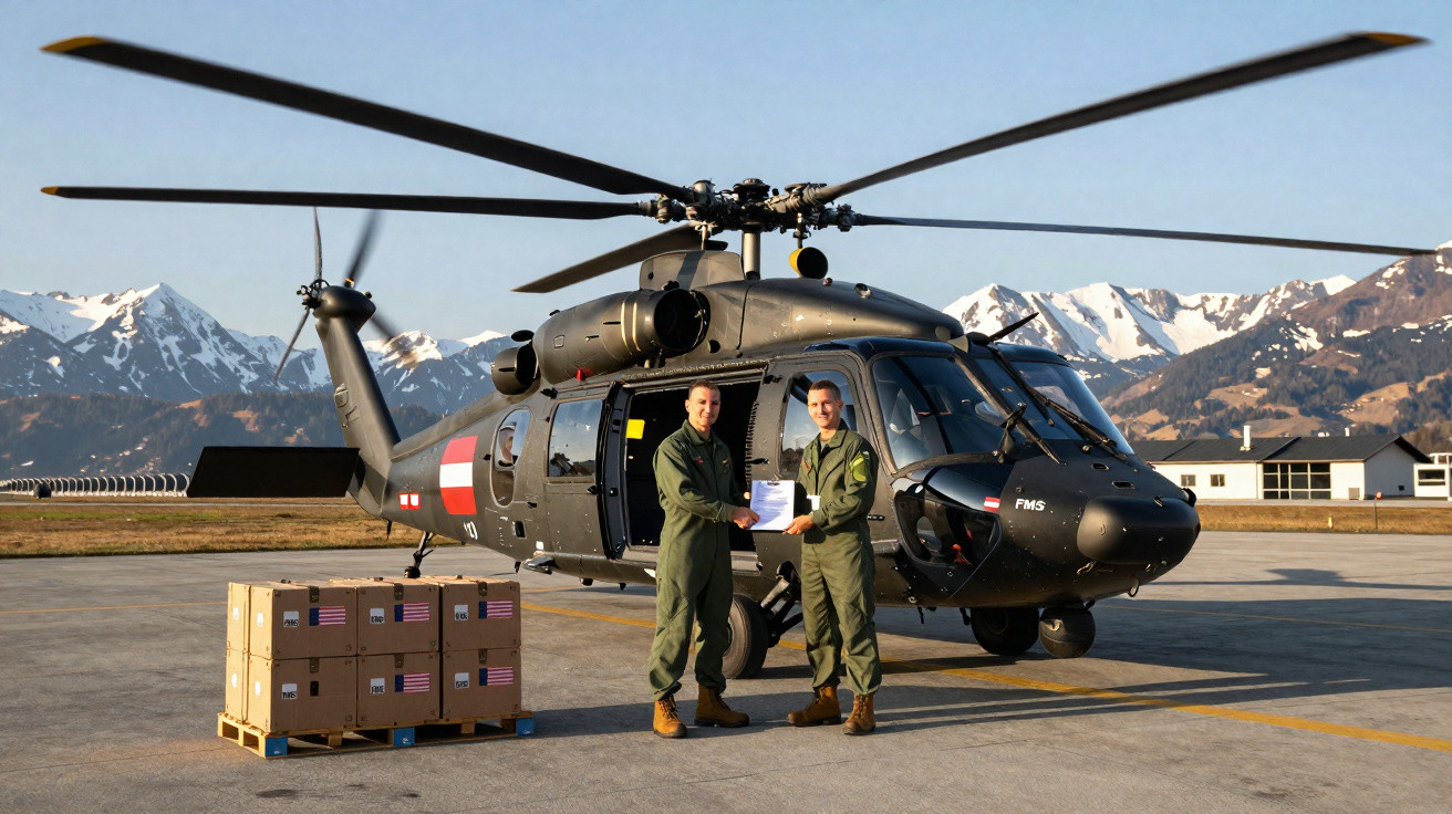 Dois militares em frente a um helicóptero militar numa pista, com caixas e montanhas nevadas ao fundo.