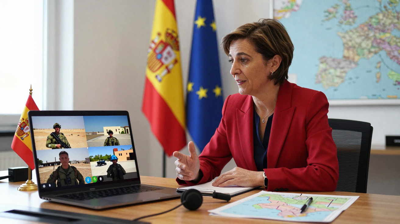 Mulher em reunião virtual com militares, bandeiras de Espanha e União Europeia ao fundo.