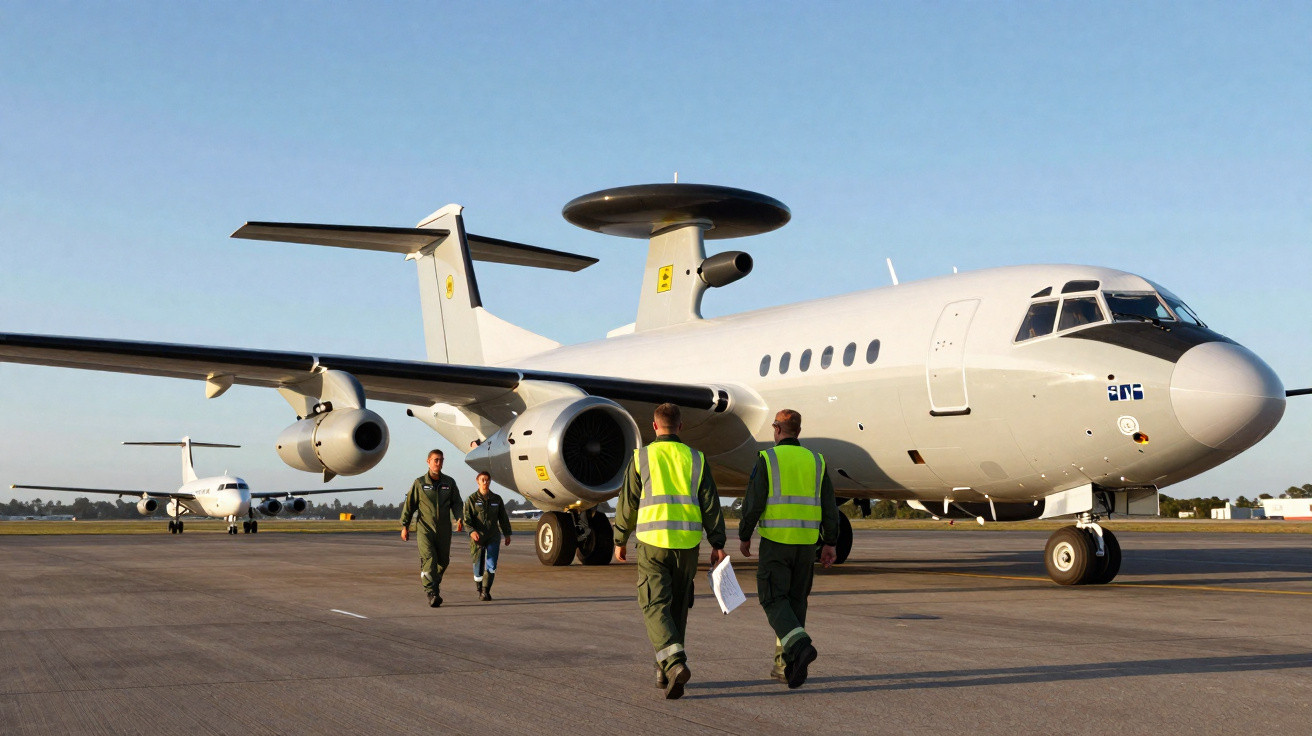 Aviões militares estacionados em pista de aeroporto com pessoal em uniforme e coletes refletivos a caminhar.