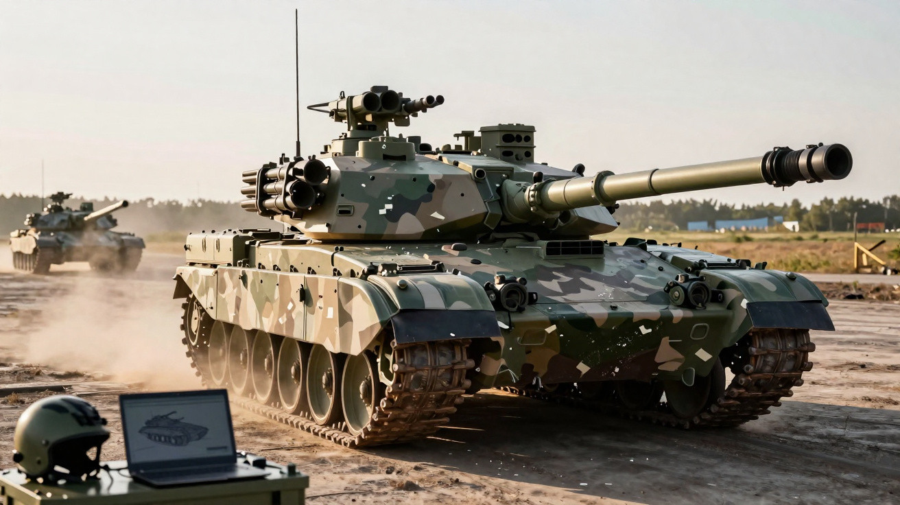 Tanque militar camuflado em movimento numa área aberta com computador e capacete em primeiro plano.