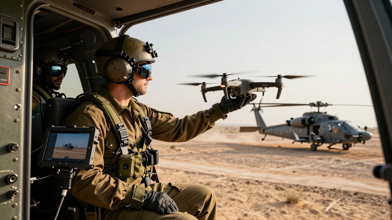 Militar dentro de helicóptero a lançar drone com outro helicóptero estacionado no deserto ao fundo.