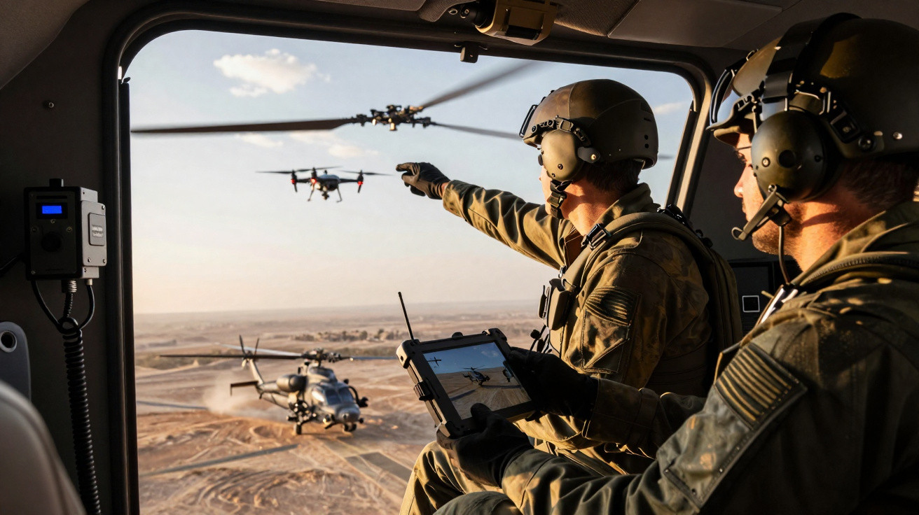 Dois militares dentro de helicóptero operam drone sobre área desértica com outro helicóptero ao fundo.