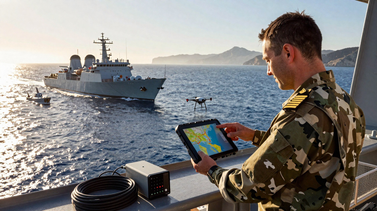 Militar em uniforme camuflado opera tablet para controlar drone perto de navios no mar ao pôr do sol.