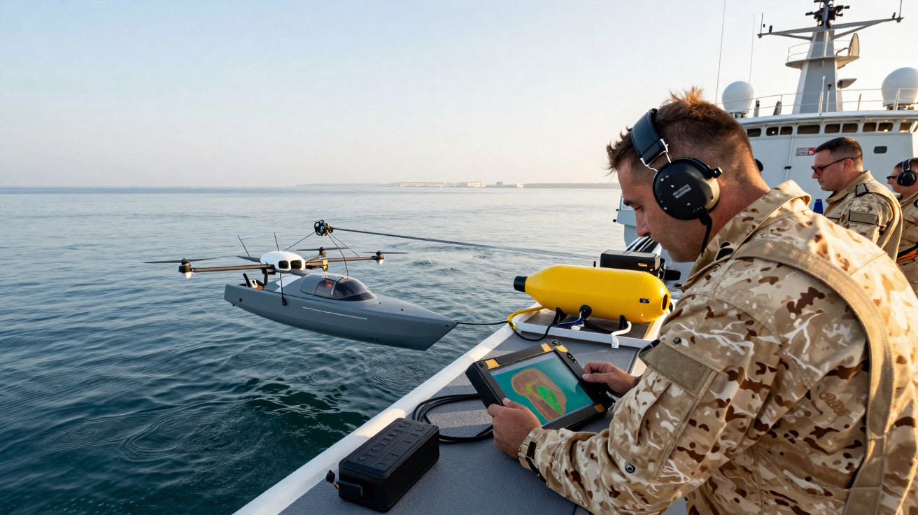 Soldado com fones de ouvido controla drone aquático a partir de um barco no mar calmo durante o dia.