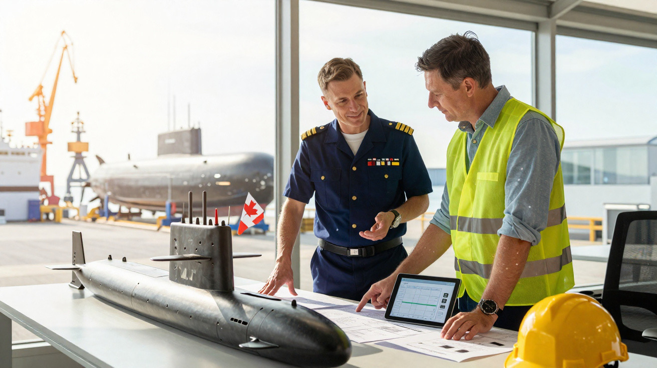 Dois homens, um militar e um engenheiro, analisam planos e modelo de submarino numa base naval.
