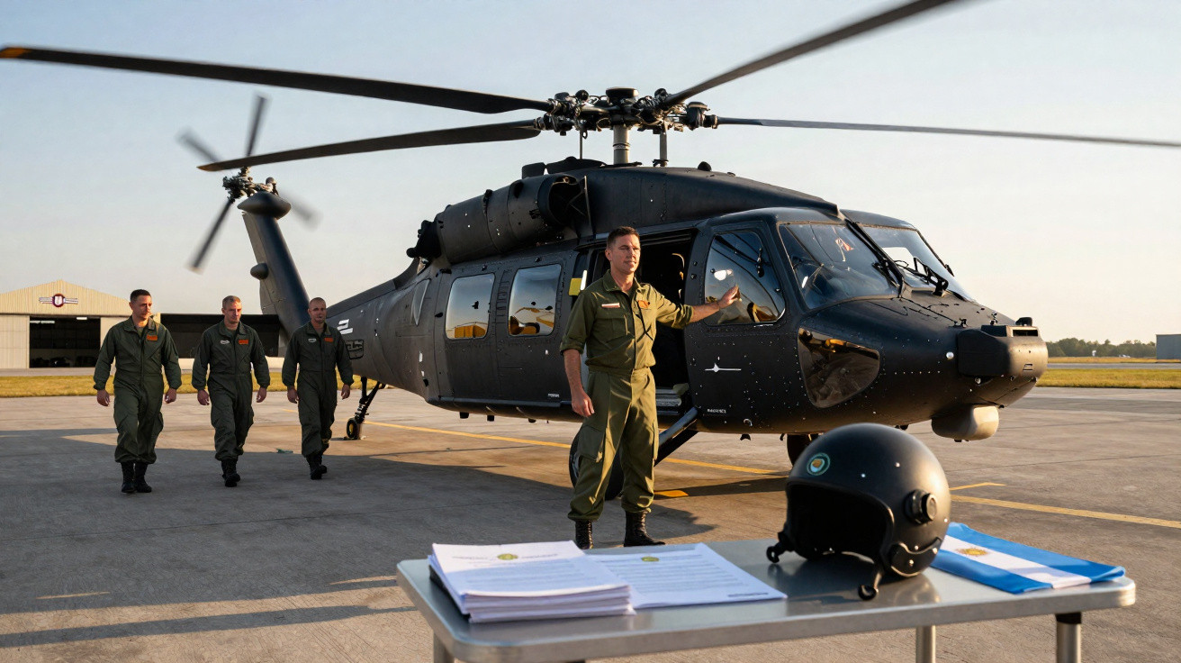 Quatro militares a caminhar perto de um helicóptero preto estacionado num aeroporto ao pôr do sol.