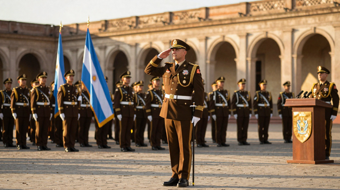 Militares fardados desfilam em cerimónia oficial com bandeiras da Argentina num pátio histórico com arcadas.