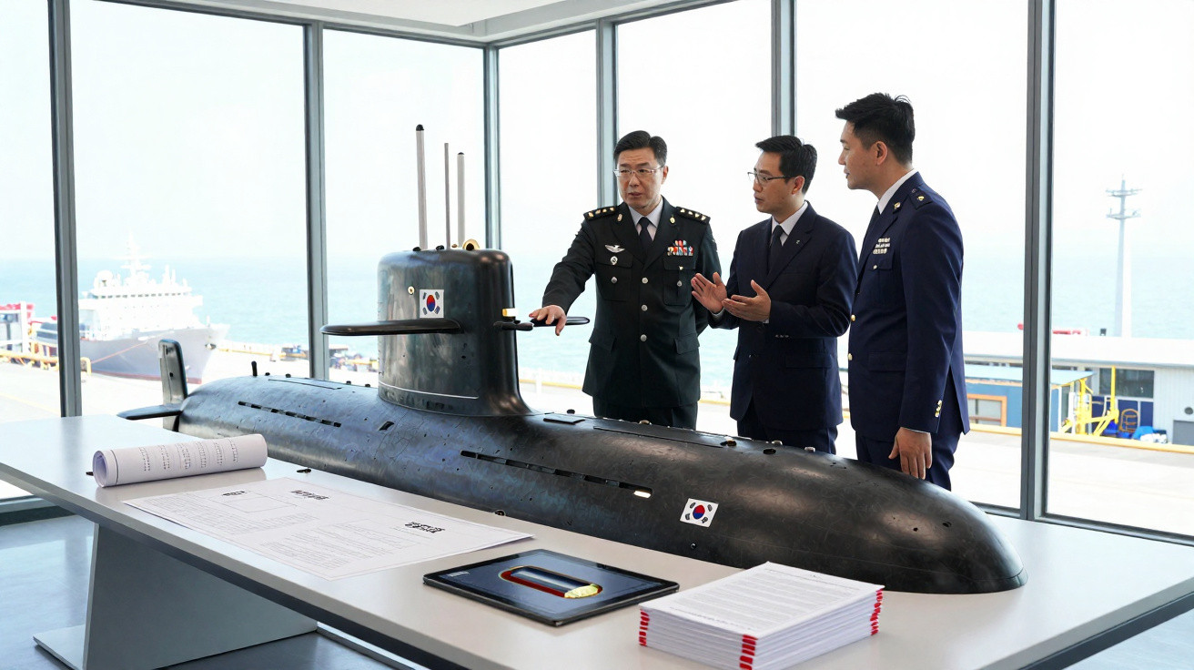 Três homens em uniformes militares discutem um modelo de submarino sobre uma mesa numa sala com vista para o mar.