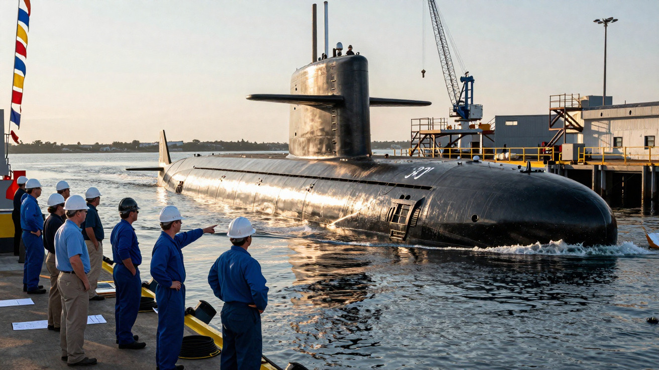 Submarino militar preto navegando próximo a cais com vários trabalhadores de capacete observando.