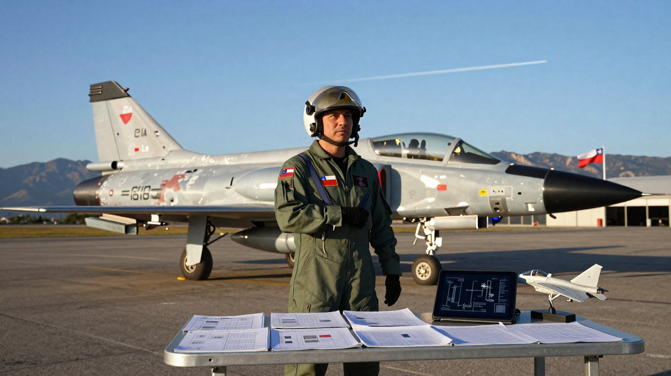 Piloto militar com fato de voo e capacete junto a avião de caça num aeródromo ao pôr do sol.