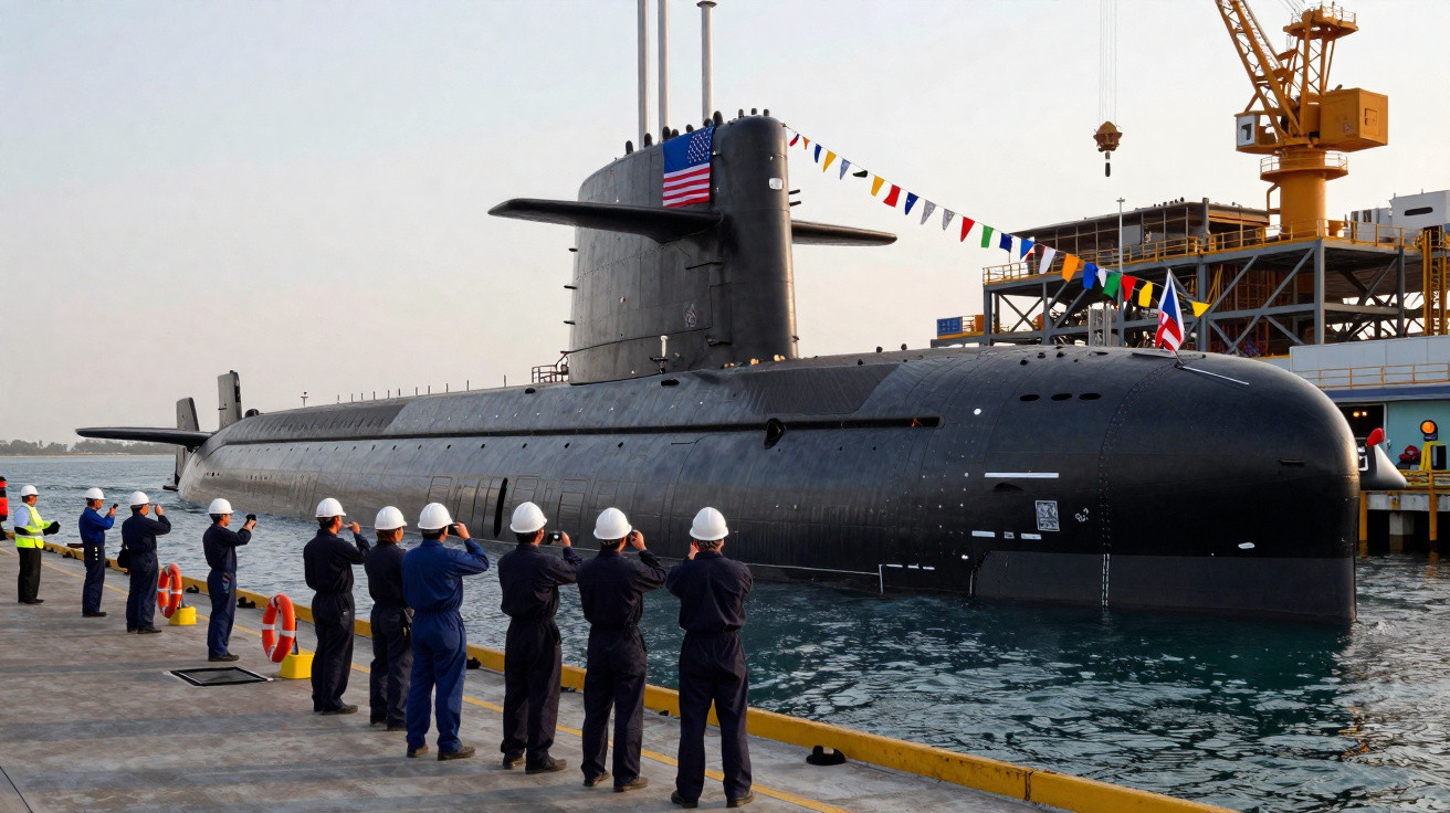 Submarino prestes a largar, com marinheiros alinhados na doca a despedir-se.