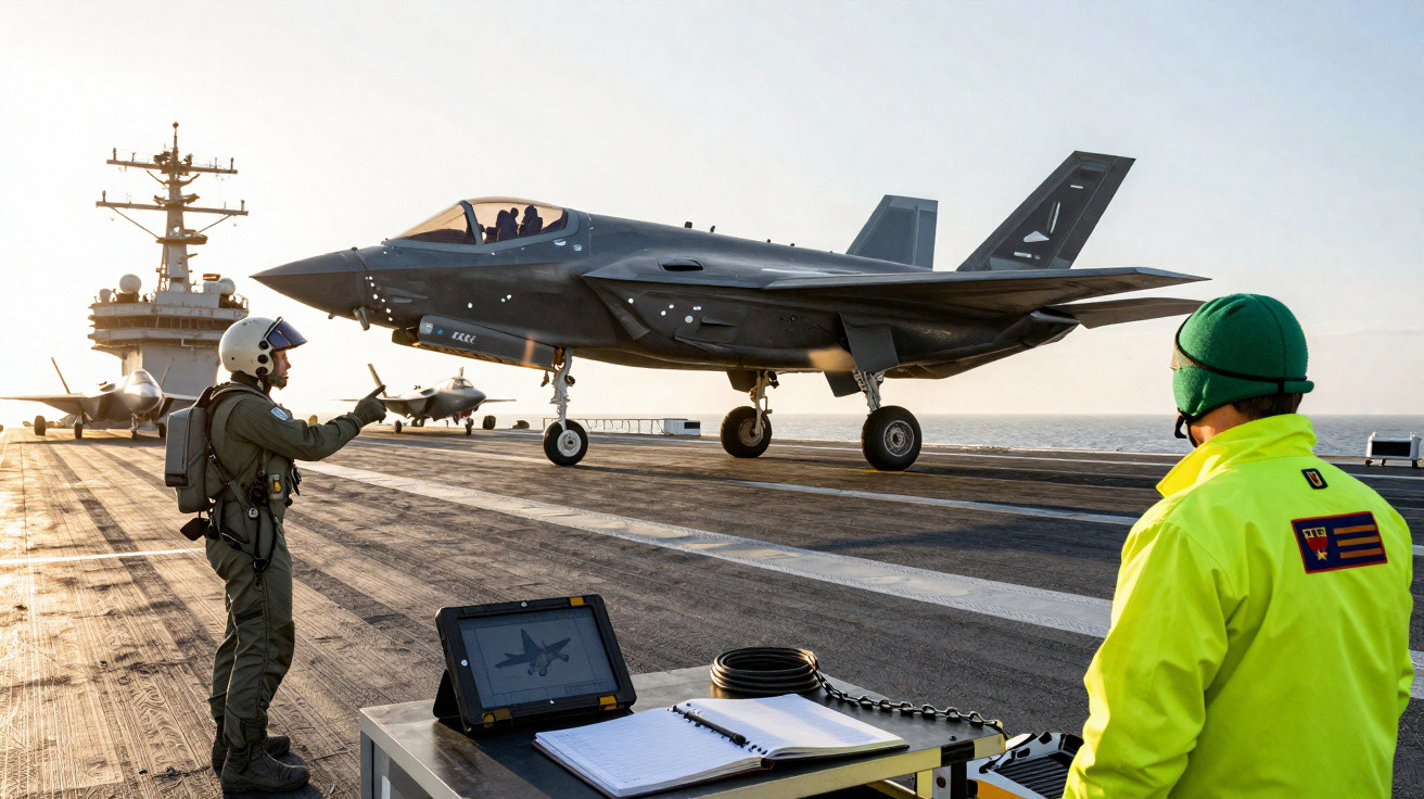 F-35 a preparar descolagem em porta-aviões, com operadores militares e equipamento de controlo.