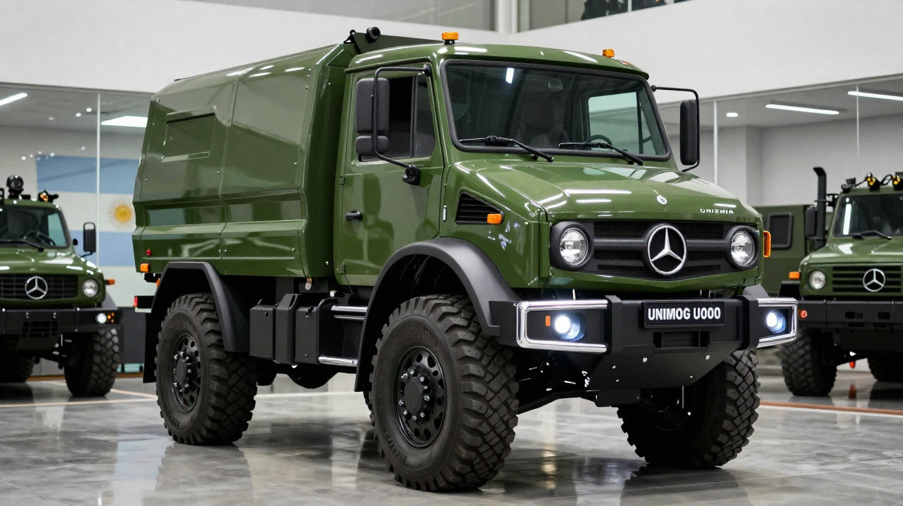 Camião militar verde Mercedes Unimog U000 em exposição num pavilhão, com dois veículos iguais ao fundo.