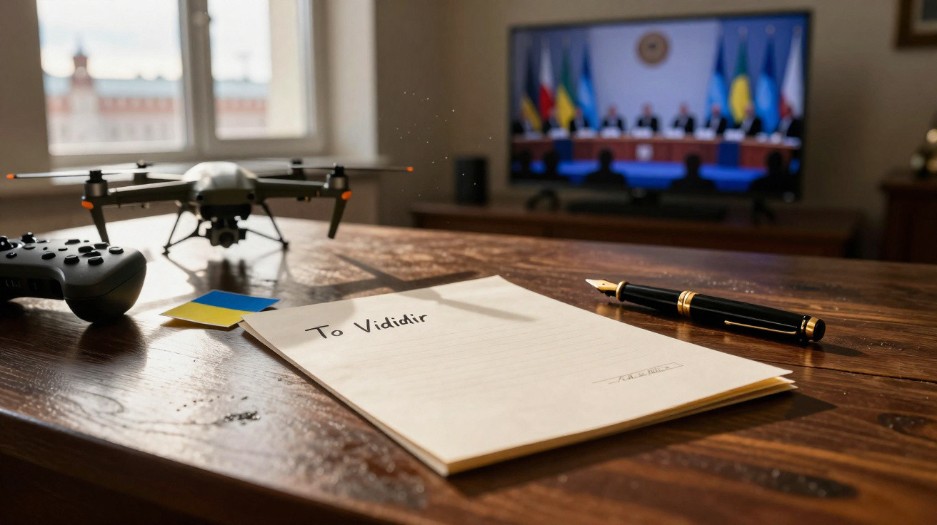 Mesa com drone, comando, nota com frase escrita e caneta, televisão a mostrar reunião com bandeiras ao fundo.