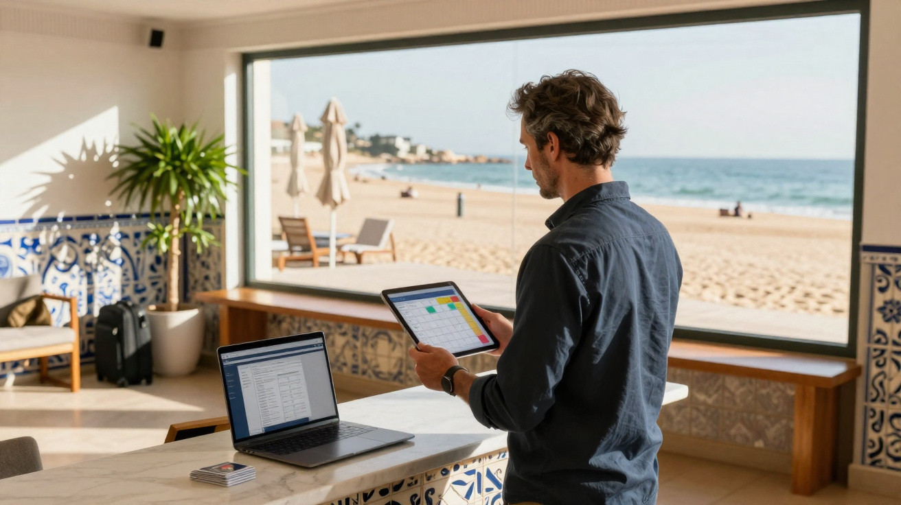 Homem a trabalhar com tablet e portátil numa sala com vista para a praia e mar.