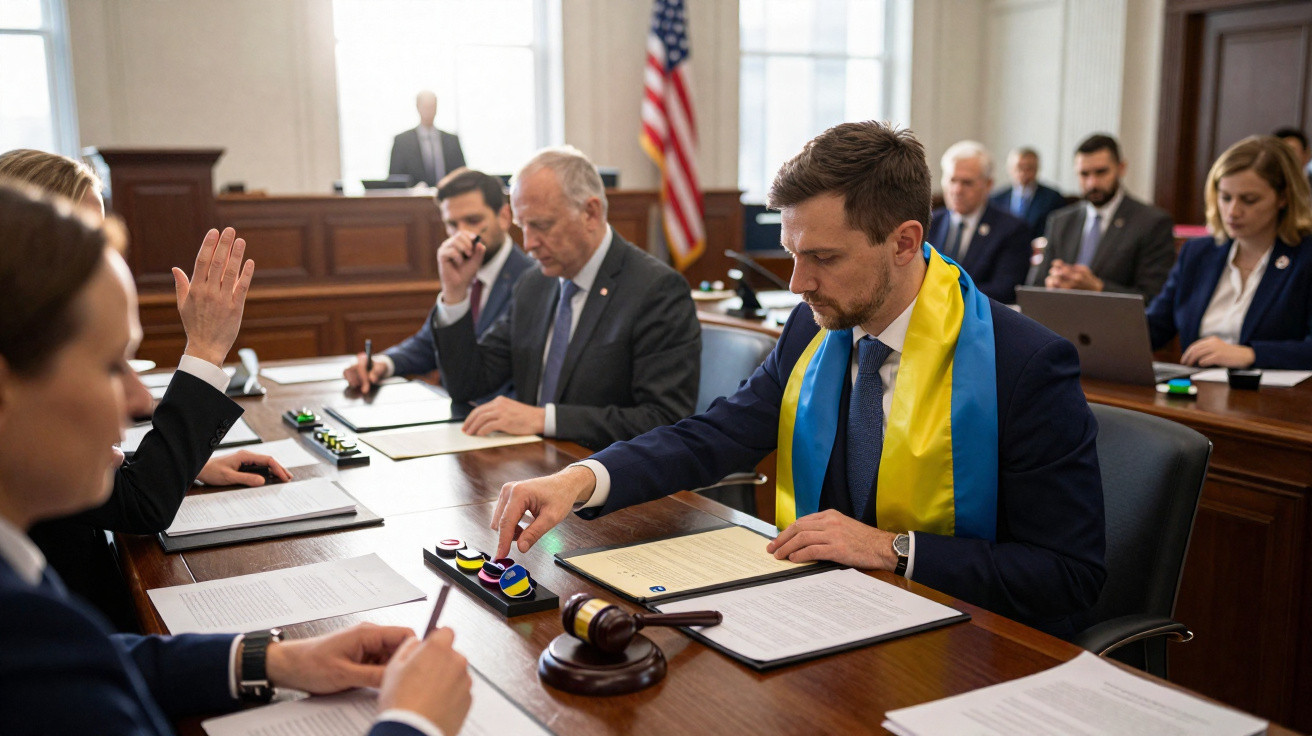 Homem com faixa azul e amarela vota numa reunião formal numa sala de conferências com várias pessoas.