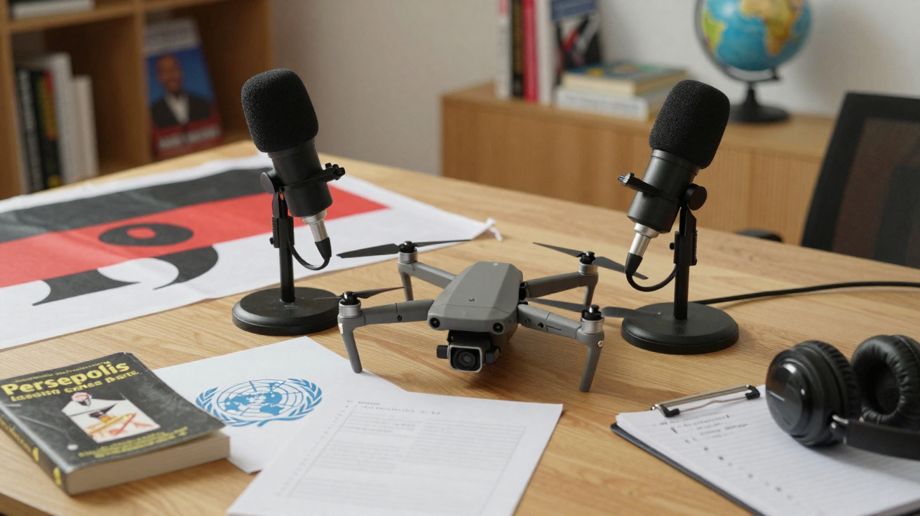 Mesa com drone, dois microfones, auscultadores, livro, folhas e bandeira em ambiente de estúdio ou escritório.