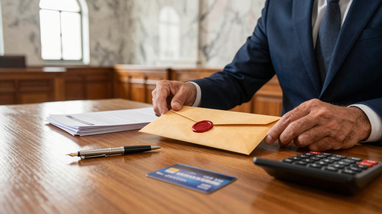 Homem de fato azul segura envelope com selo de cera numa mesa de madeira com documentos, caneta, cartão e calculadora.