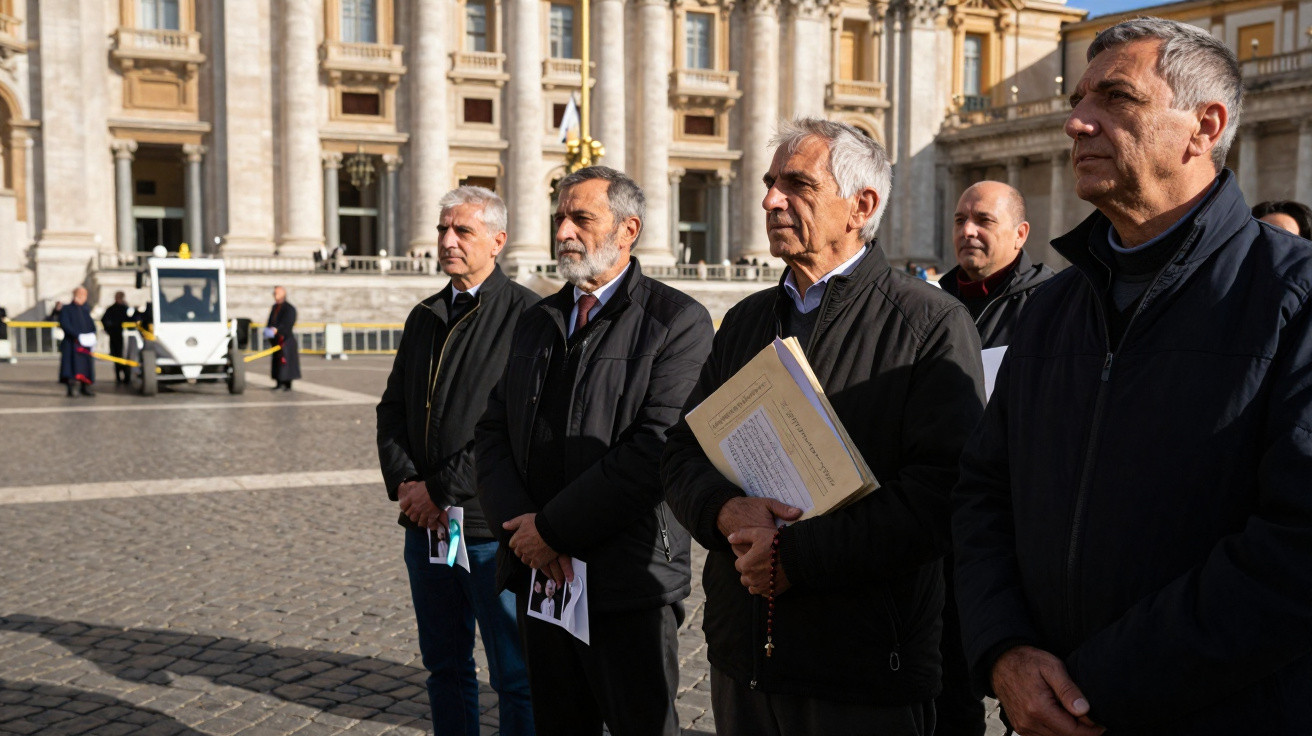 Cinco homens de pé em frente a um edifício histórico, alguns seguram documentos e um terço.