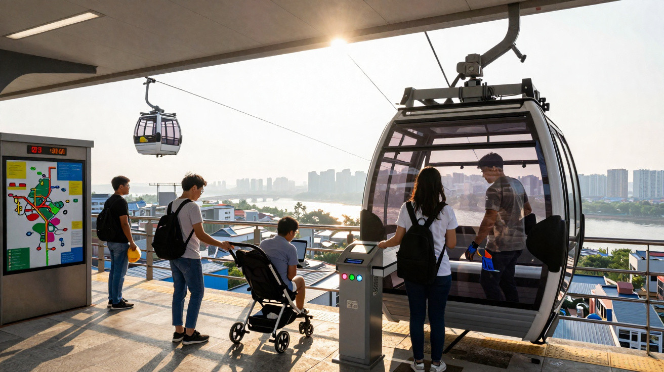 Pessoas a entrar numa cabine de teleférico numa estação elevada com vista para cidade e rio ao pôr do sol.