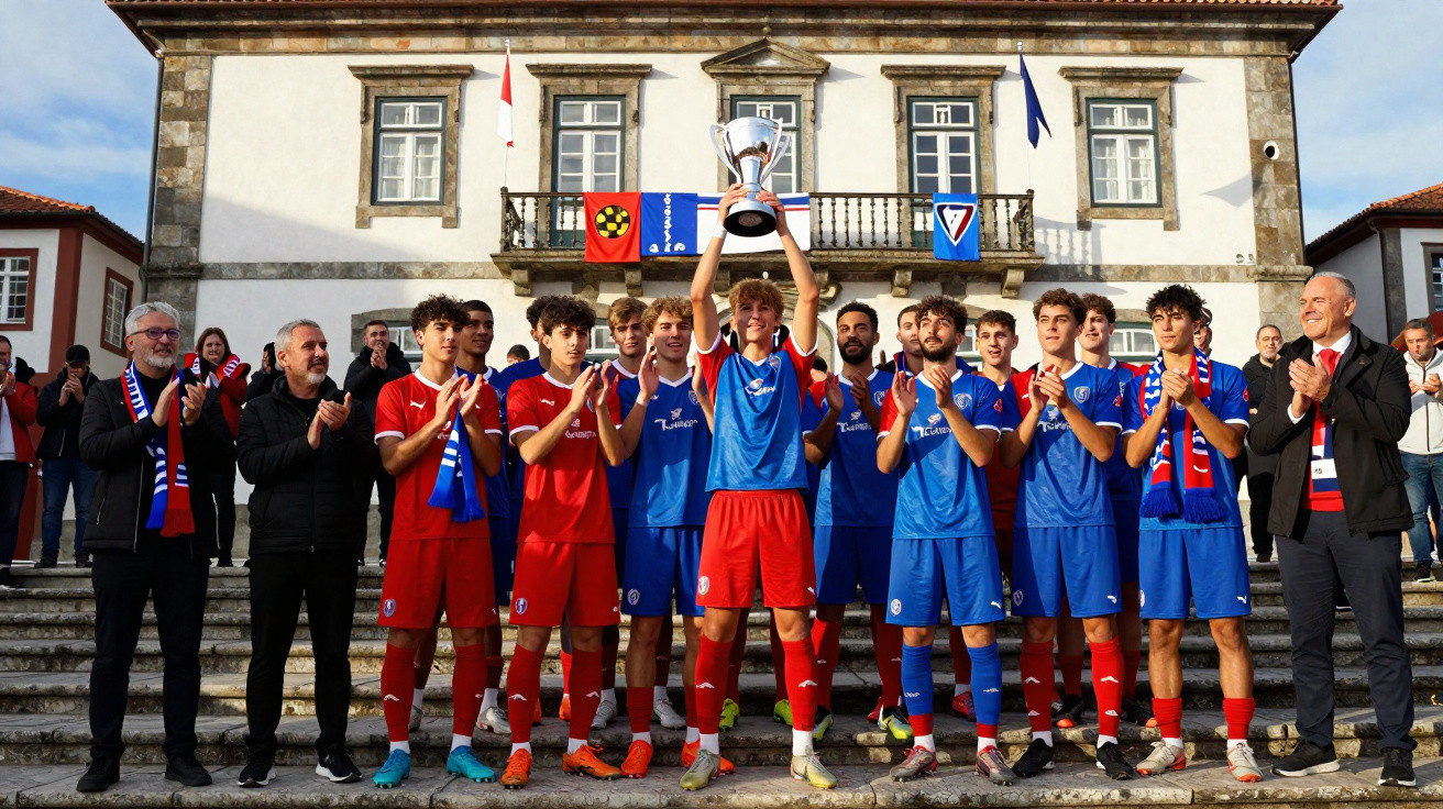 Equipa juvenil de futebol a celebrar vitória com troféu, pessoas a aplaudir em escadaria de edifício antigo.