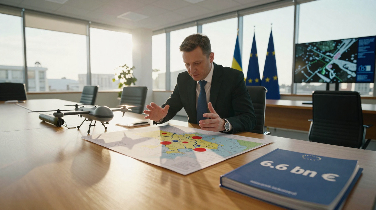 Homem de fato analisa mapa com pontos marcados, drone na mesa e bandeiras da UE ao fundo numa sala de reuniões.