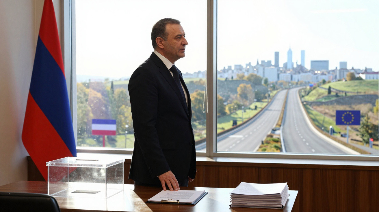 Homem de fato à mesa com urna transparente, bandeira da Arménia e vista para estrada com bandeira da UE ao fundo.