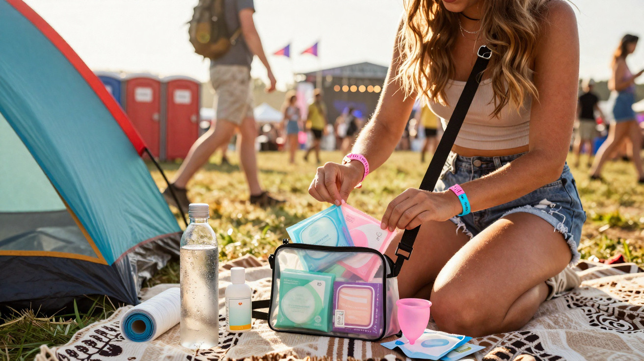 Jovem sentada em festival ao ar livre a organizar produtos de higiene feminina junto a uma tenda.