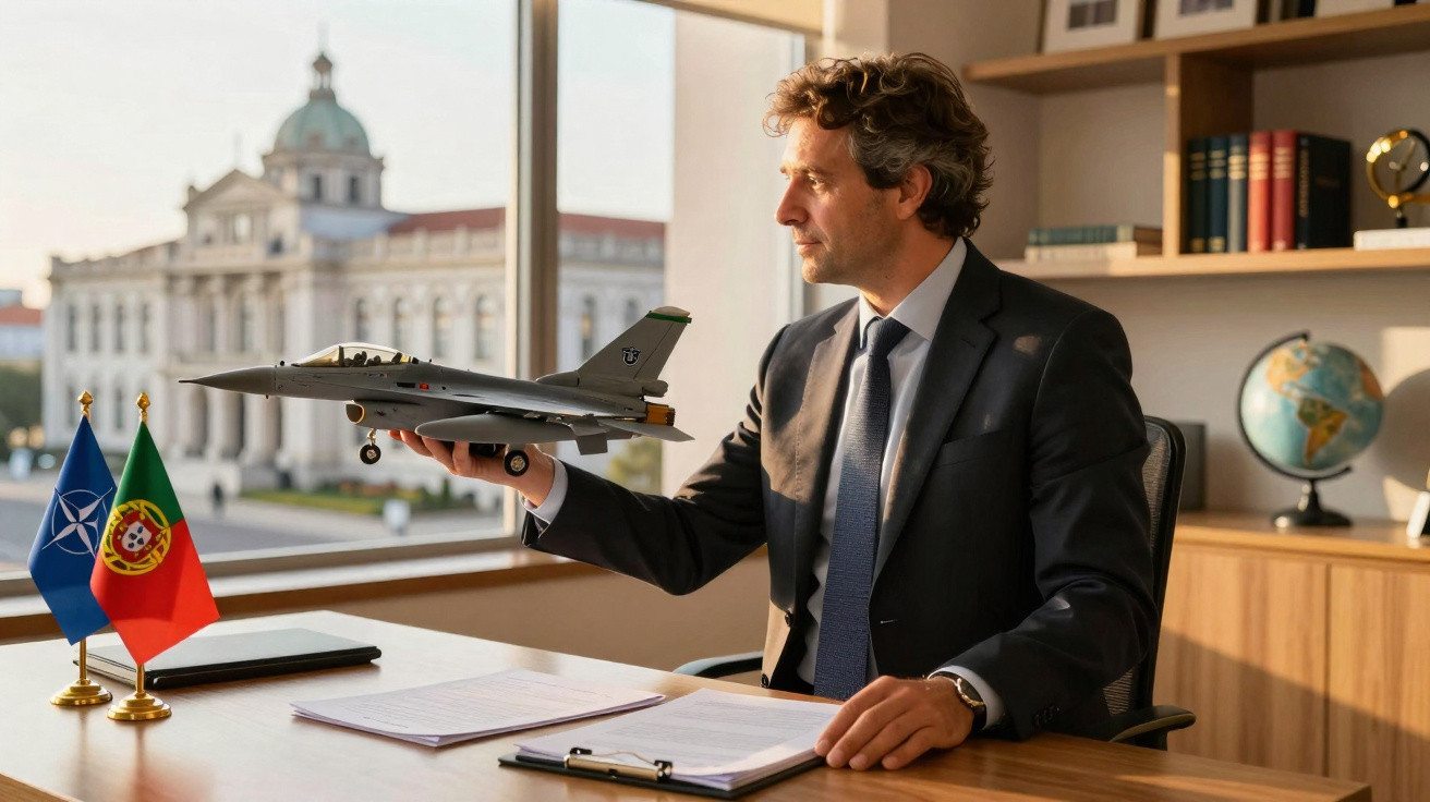 Homem de fato azul segura modelo de avião militar num escritório com bandeiras da NATO e Portugal.