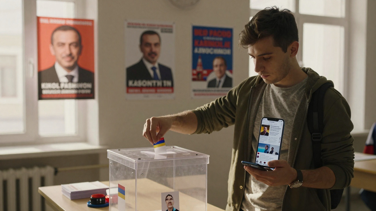 Jovem a votar numa urna transparente numa sala com cartazes eleitorais ao fundo.