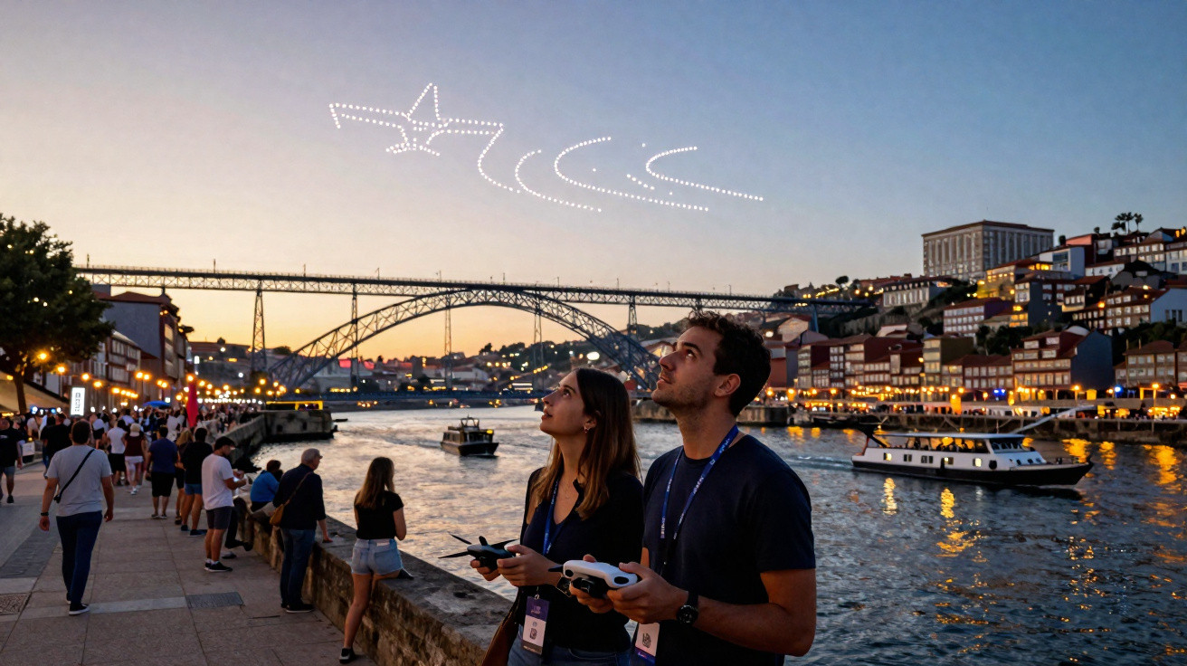 Casal a controlar drones junto ao rio Douro ao pôr do sol com a ponte Dom Luís I e luzes de drones no céu.