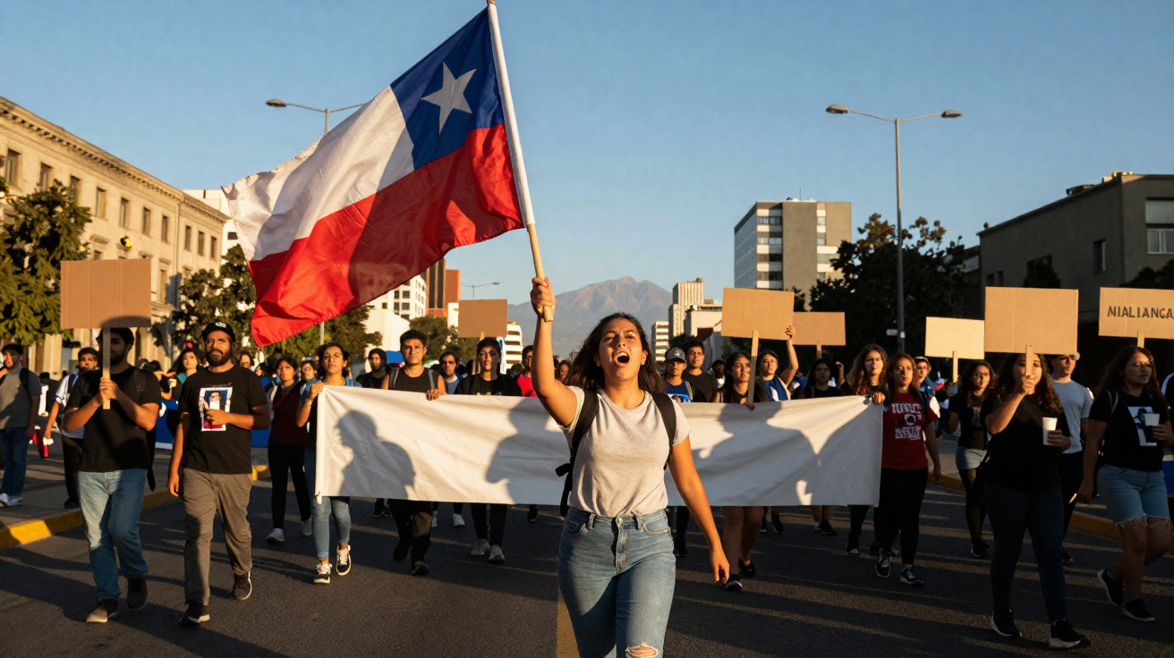 Manifestantes em protesto urbano com bandeira do Chile e cartazes vazios ao pôr do sol.