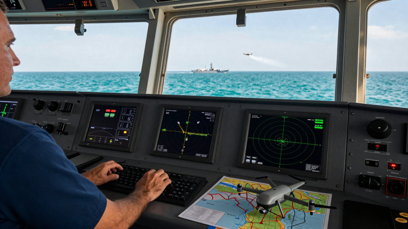 Homem controla drone a partir da ponte de comando de um navio com radar e mapa náutico visíveis.