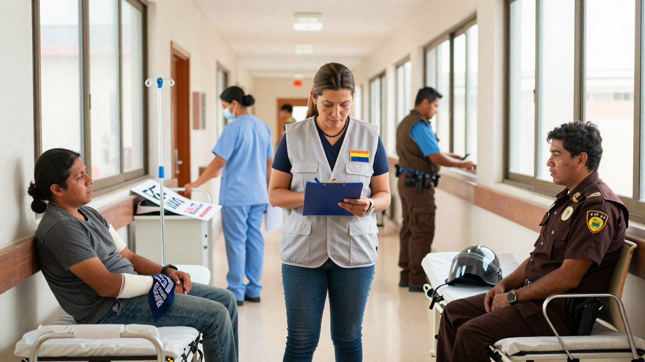 Corredor de hospital com paciente, enfermeira a anotar e dois polícias sentados em cadeiras.