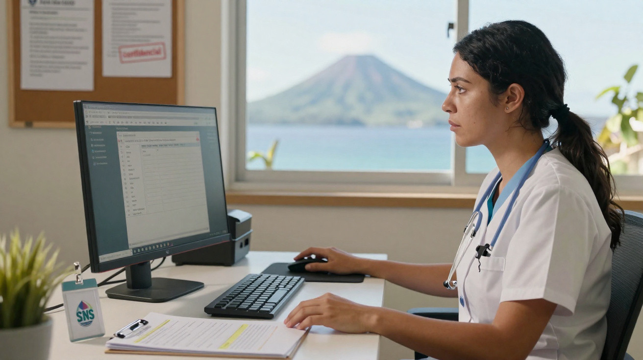 Médica a trabalhar num computador num consultório com vista para uma montanha e o mar pela janela.