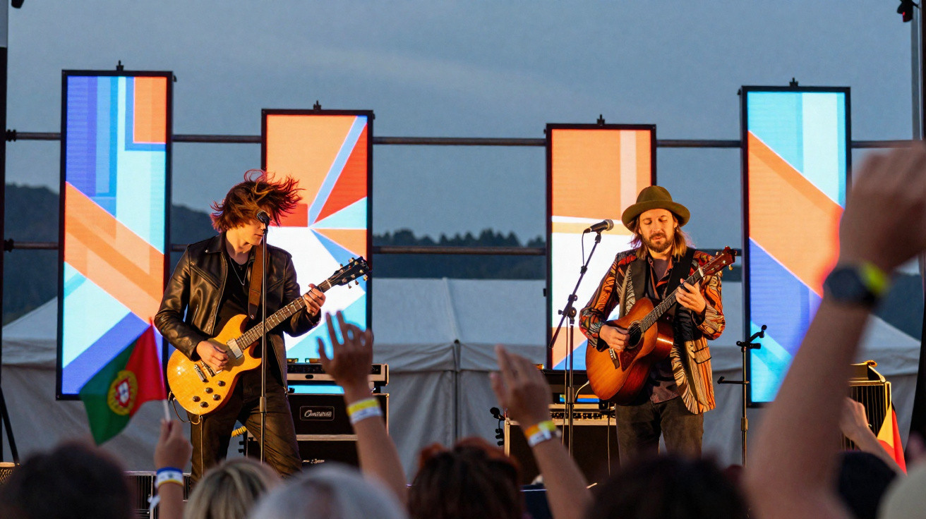 Concerto ao ar livre com dois músicos a tocar guitarra, público animado e bandeira de Portugal ao fundo.