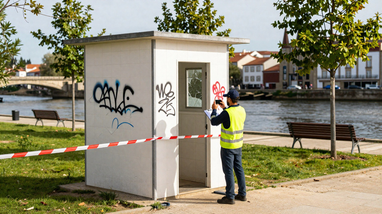 Homem de colete amarelo fotografa cabine vandalizada junto a rio, com fita de isolamento a redor.