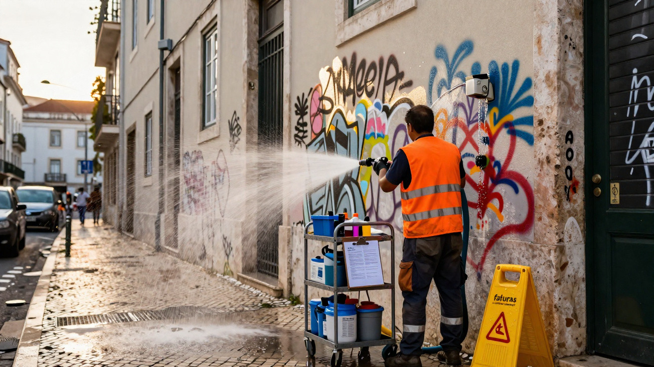 Funcionário de limpeza com colete laranja a lavar muro grafitado numa rua de calçada portuguesa.
