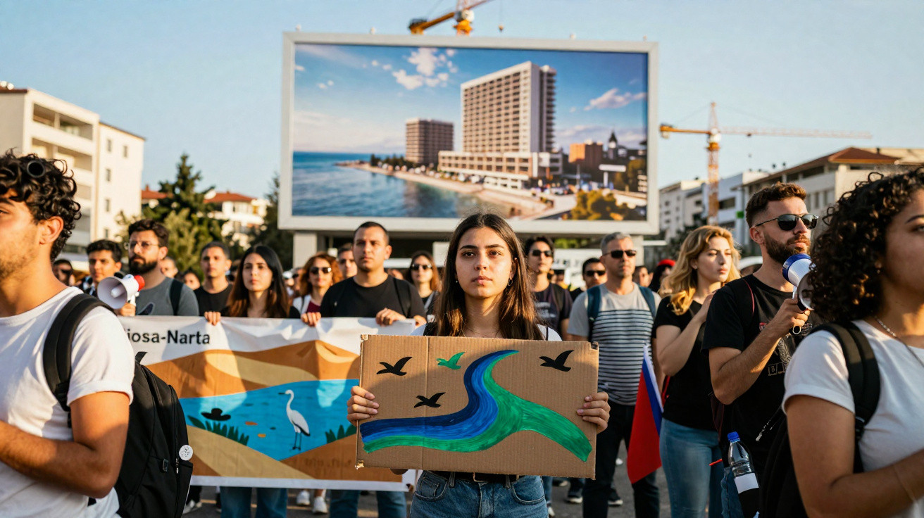 Manifestantes numa rua segura cartazes, incluindo uma jovem com desenho de rio e pássaros.