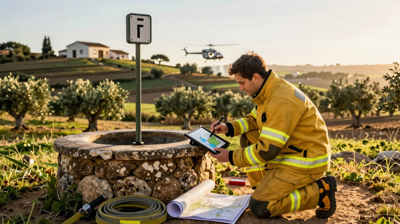 Bombeiro de farda amarela regista informações ao ar livre junto a um poço, com helicóptero e campo ao fundo.