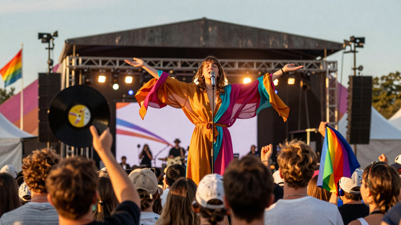 Cantora em palco colorido perante público com bandeiras arco-íris em festival ao ar livre.