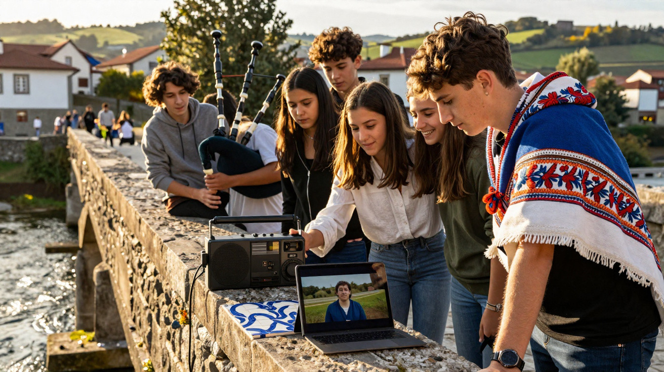 Jovens reunidos numa ponte em ambiente rural, com rádio, laptop e um rapaz vestindo traje tradicional português.